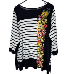 Bob Mackie Womens Floral Striped Top 2X 3/4 Sleeve Artsy Mature Stretch